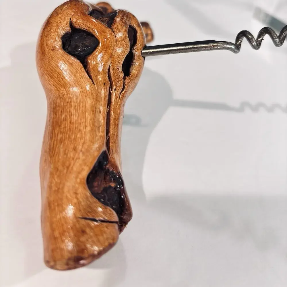 Vintage Handcrafted Grapevine Burl Wood Stationary Corkscrew Wine Opener